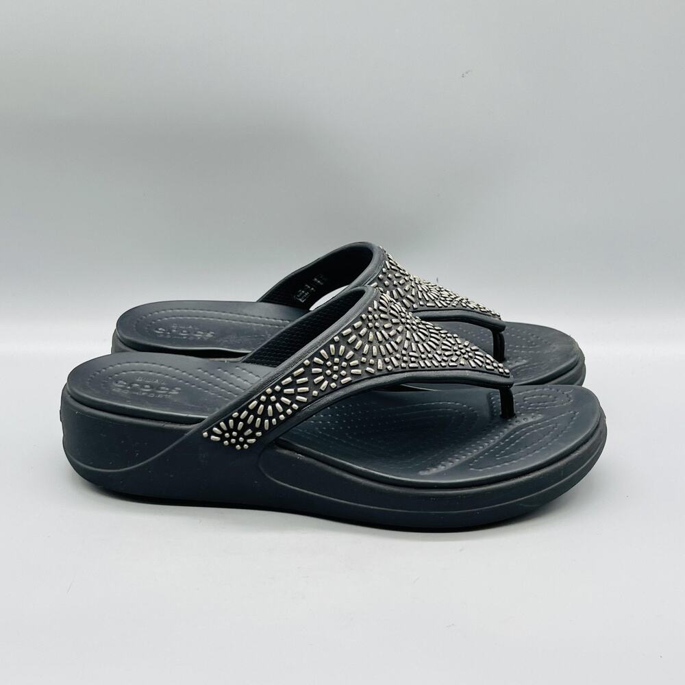 Crocs Sandals Womens 10 Black Synthetic Dual Comfort Studded Thong Wedge Shoes